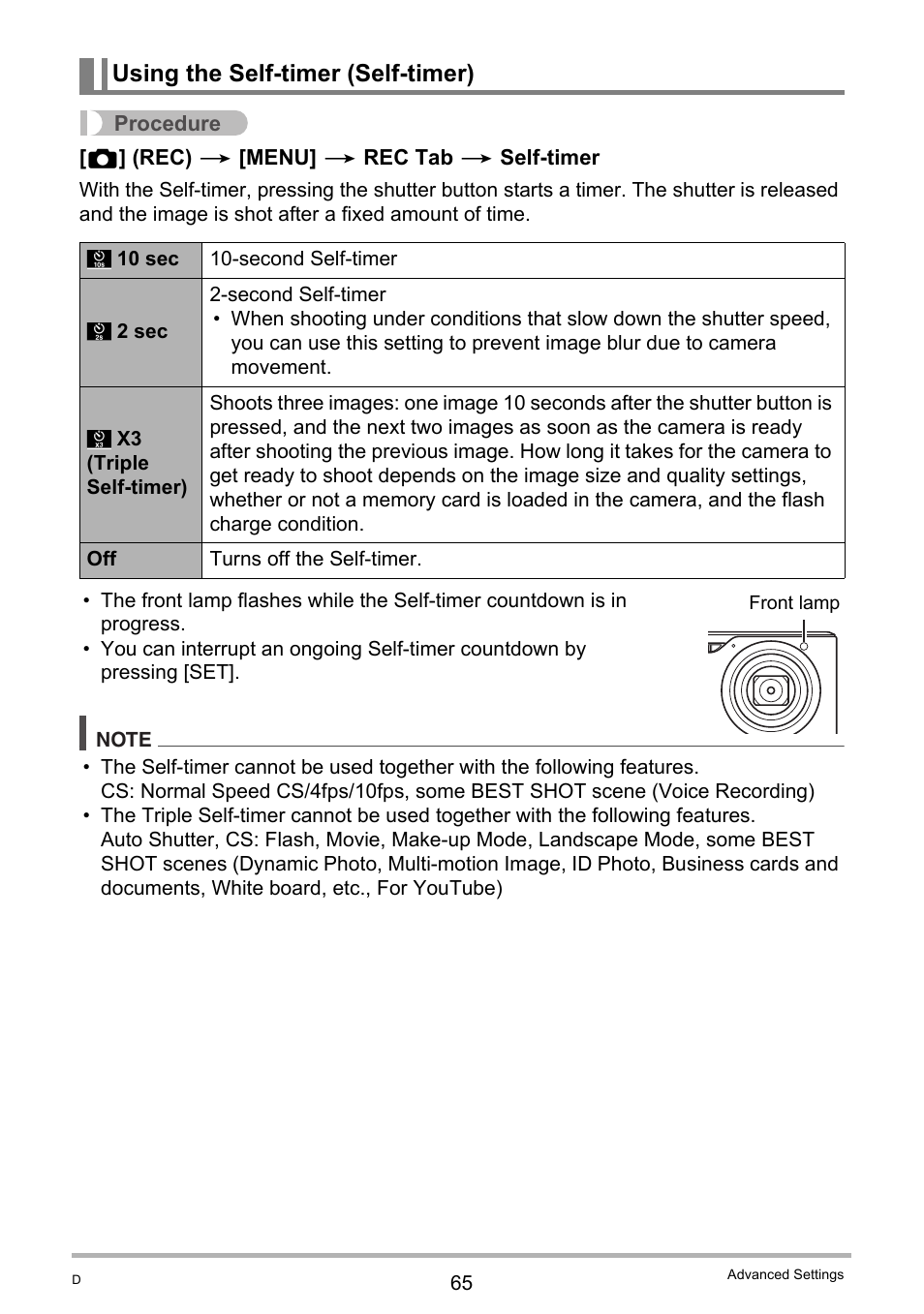 Using the self-timer (self-timer) | Casio EXILIM EX-H10 User Manual | Page 65 / 189