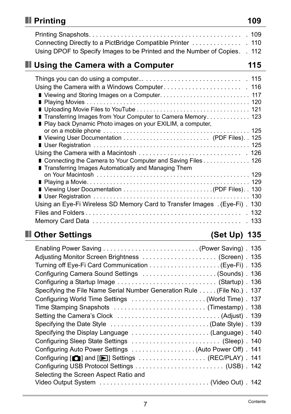 Printing 109, Using the camera with a computer 115, Other settings (set up) 135 | Casio EXILIM EX-H10 User Manual | Page 7 / 189