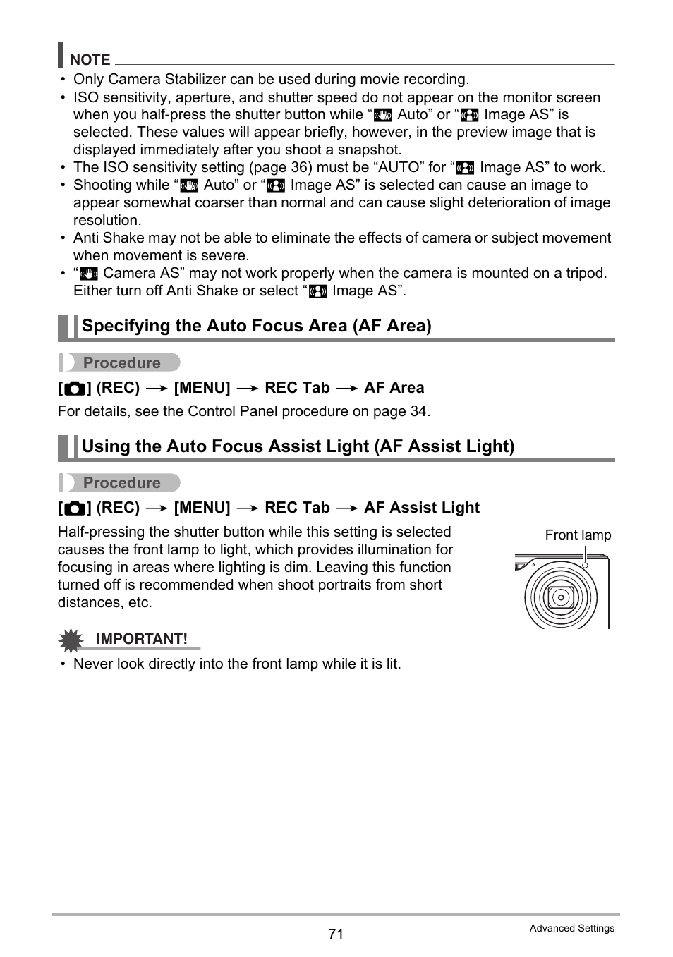 Specifying the auto focus area (af area) | Casio EXILIM EX-H10 User Manual | Page 71 / 189