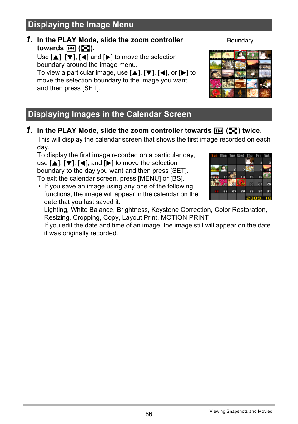 Displaying the image menu, Displaying images in the calendar screen | Casio EXILIM EX-H10 User Manual | Page 86 / 189