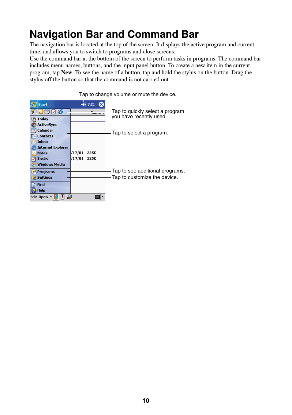 Navigation bar and command bar | Casio E-200 User Manual | Page 10 / 65