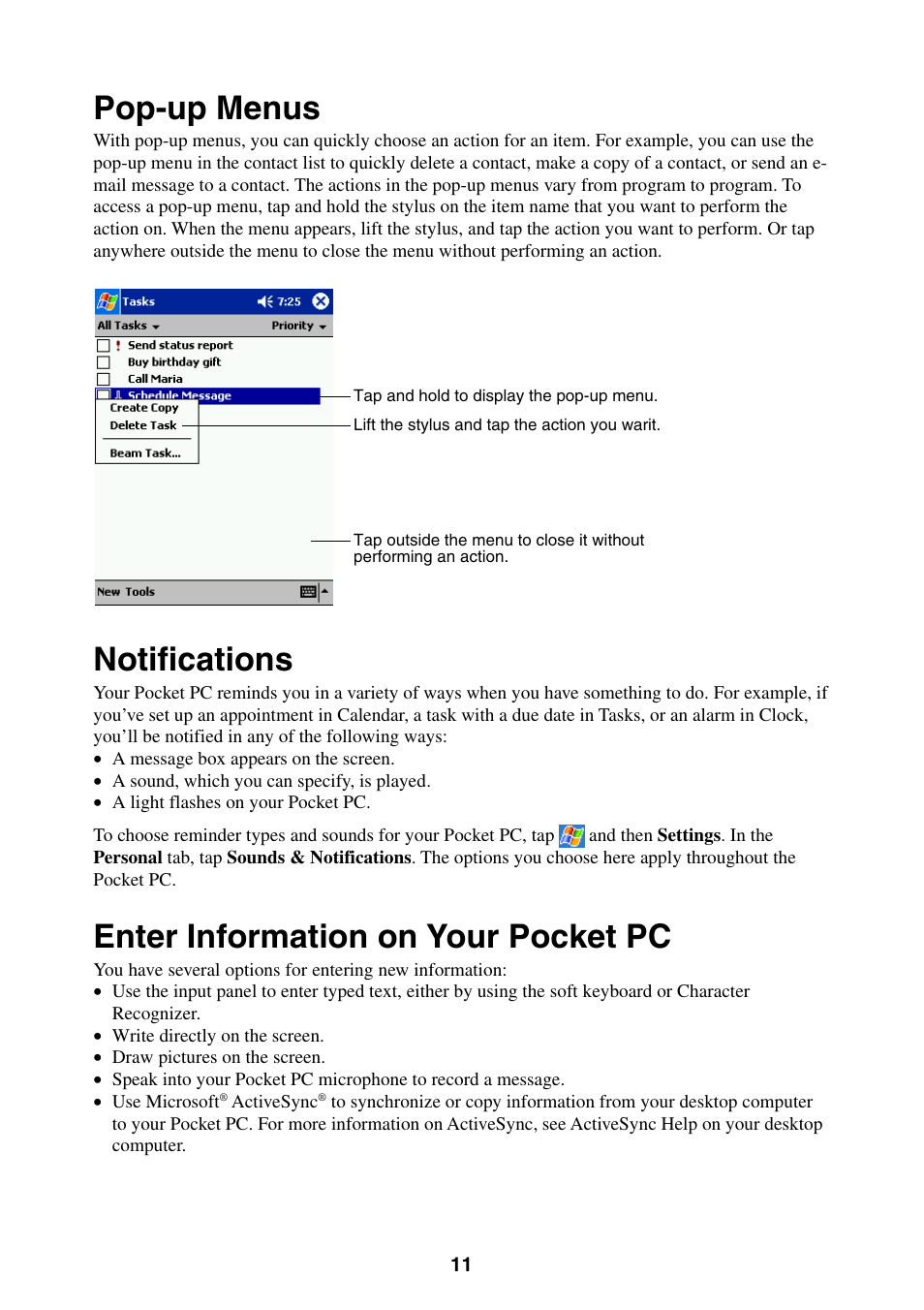 Pop-up menus, Notifications, Enter information on your pocket pc | Casio E-200 User Manual | Page 11 / 65