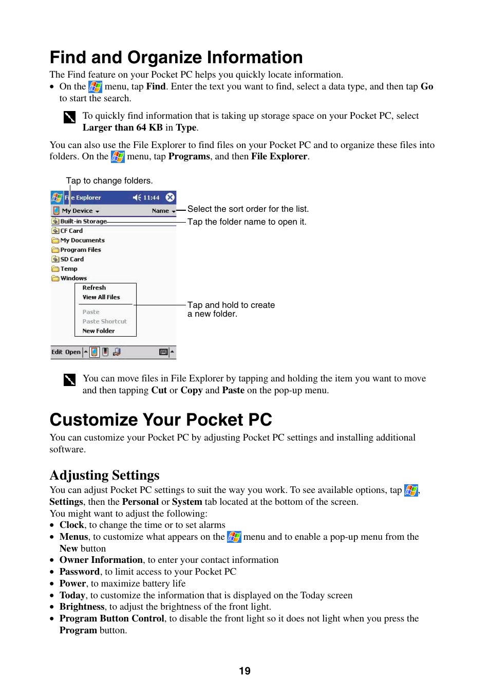Find and organize information, Customize your pocket pc, Adjusting settings | Casio E-200 User Manual | Page 19 / 65