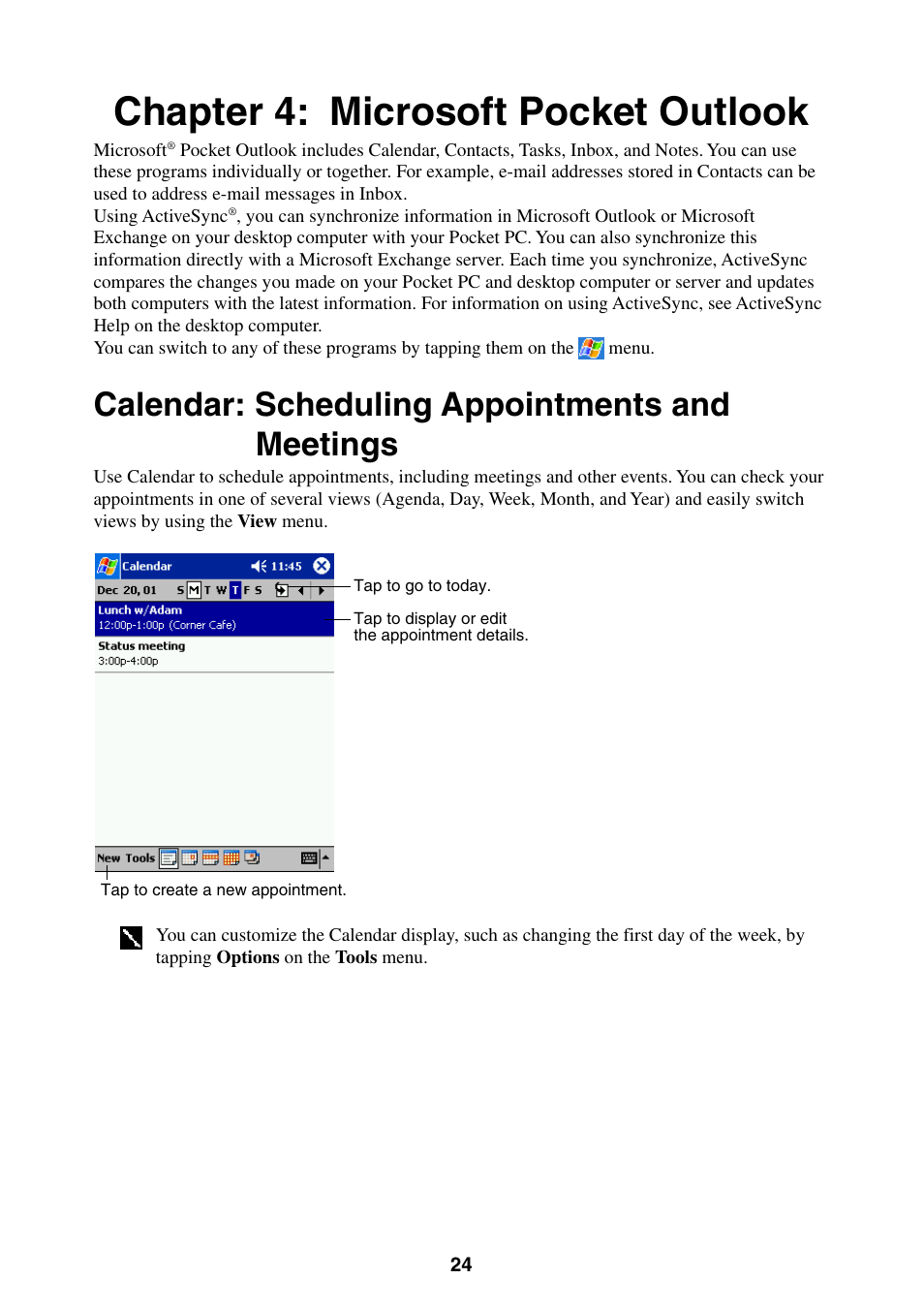 Chapter 4: microsoft pocket outlook, Calendar: scheduling appointments and meetings | Casio E-200 User Manual | Page 24 / 65
