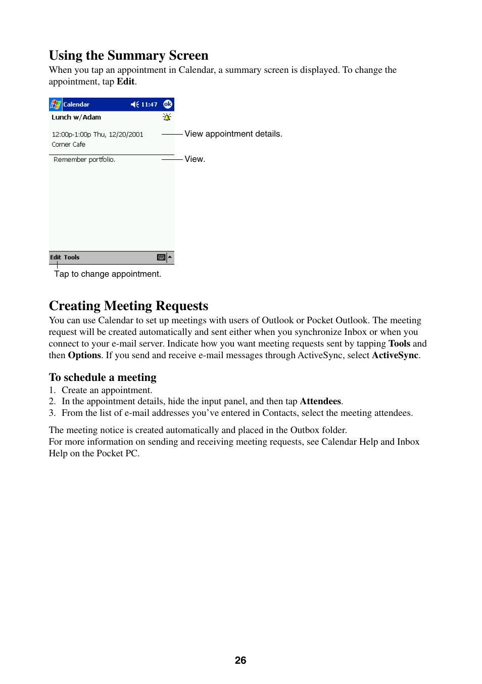 Using the summary screen creating meeting requests, Using the summary screen, Creating meeting requests | Casio E-200 User Manual | Page 26 / 65