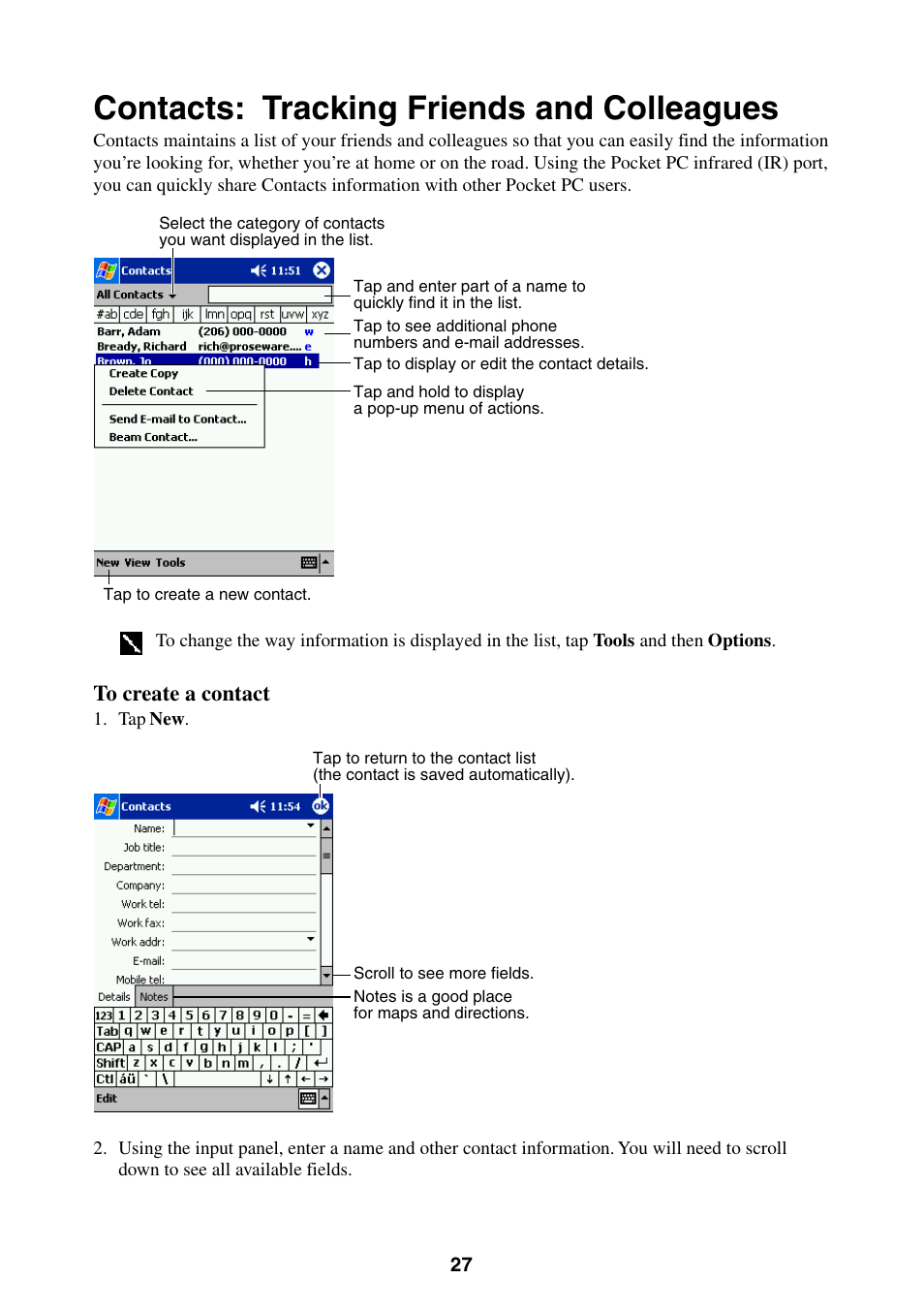 Contacts: tracking friends and colleagues | Casio E-200 User Manual | Page 27 / 65