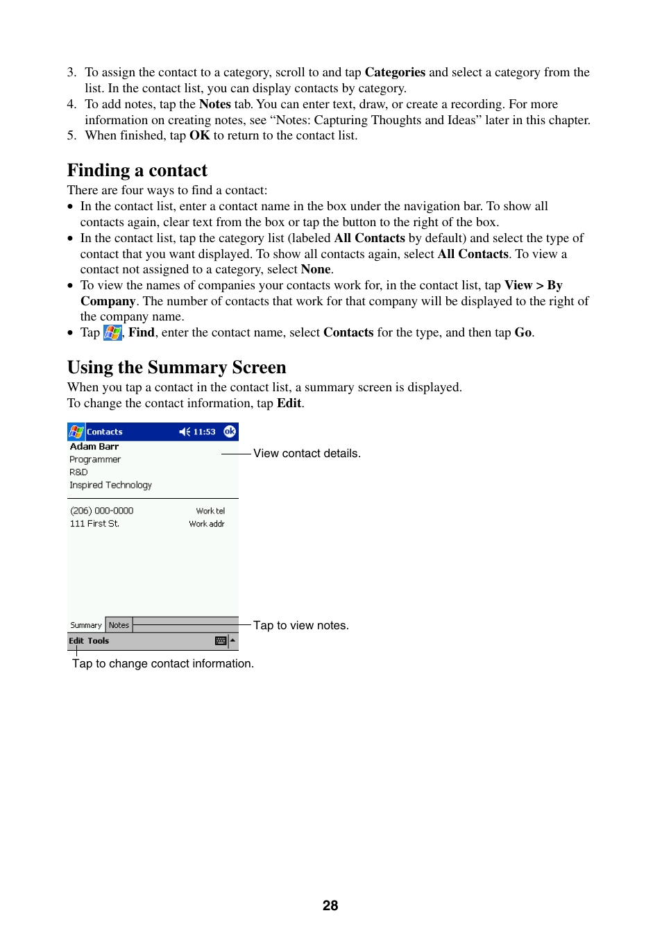 Finding a contact using the summary screen, Finding a contact, Using the summary screen | Casio E-200 User Manual | Page 28 / 65