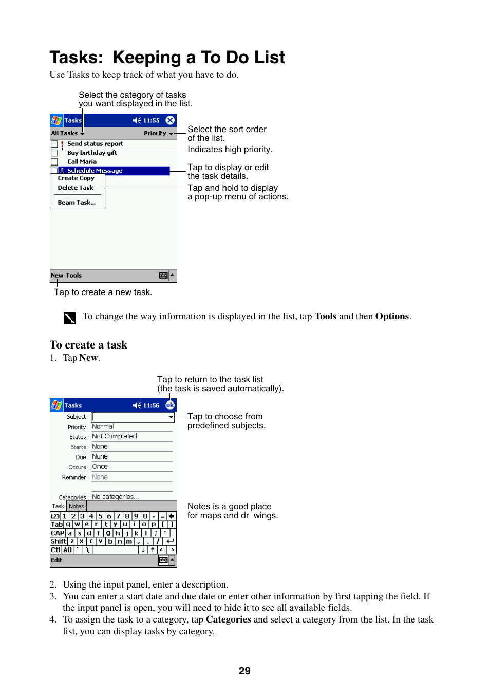 Tasks: keeping a to do list | Casio E-200 User Manual | Page 29 / 65