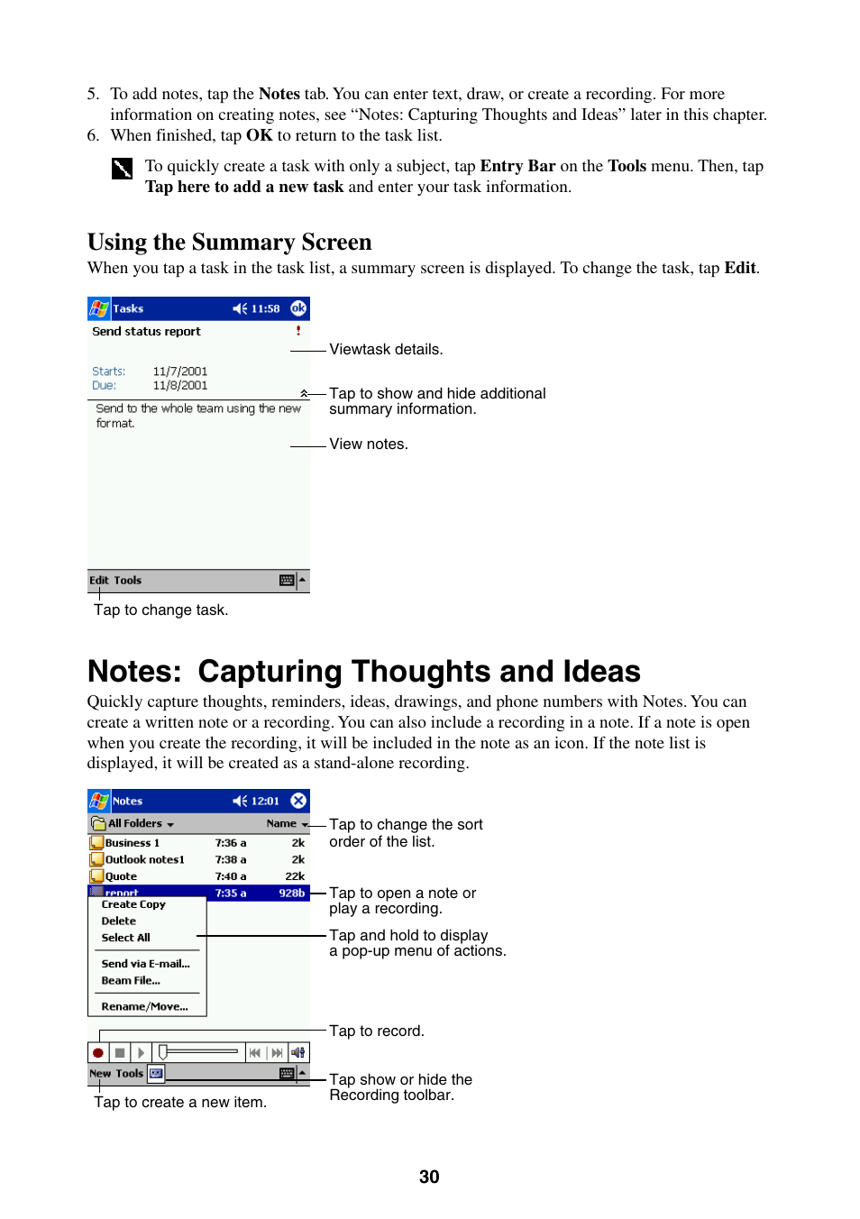 Notes: capturing thoughts and ideas, Using the summary screen | Casio E-200 User Manual | Page 30 / 65