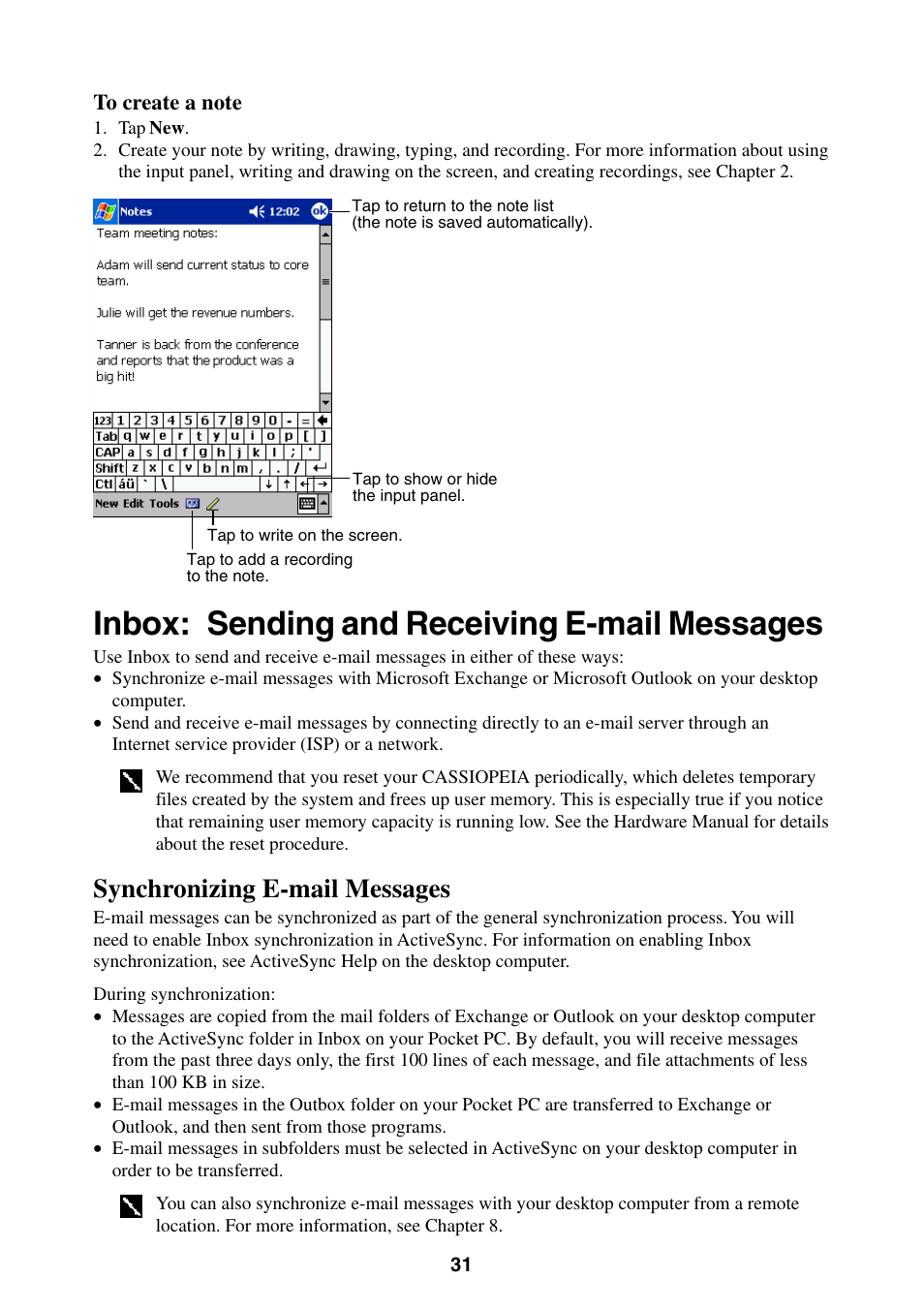 Inbox: sending and receiving e-mail messages, Synchronizing e-mail messages | Casio E-200 User Manual | Page 31 / 65