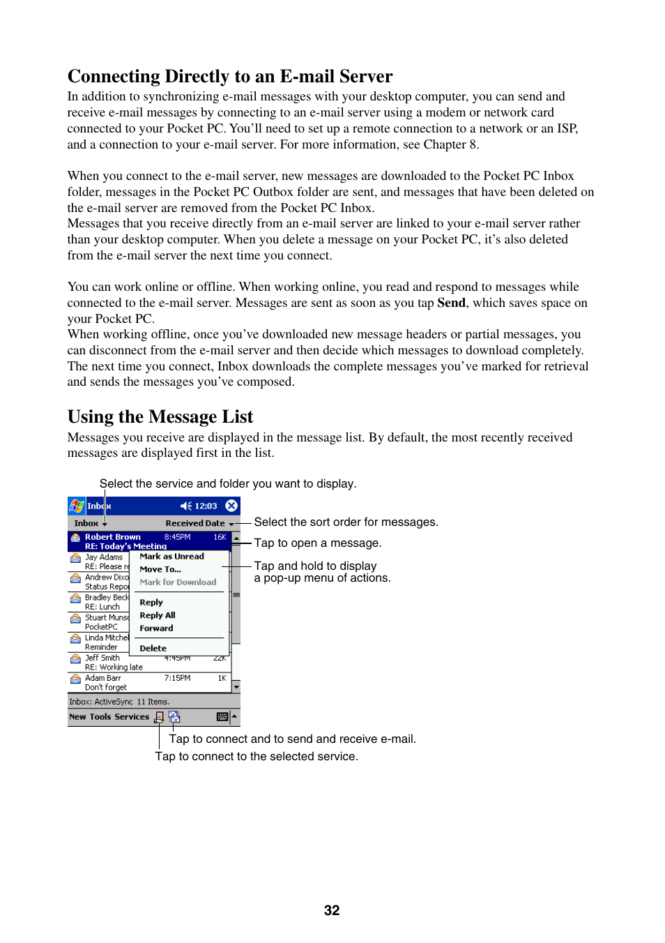 Connecting directly to an e-mail server, Using the message list | Casio E-200 User Manual | Page 32 / 65