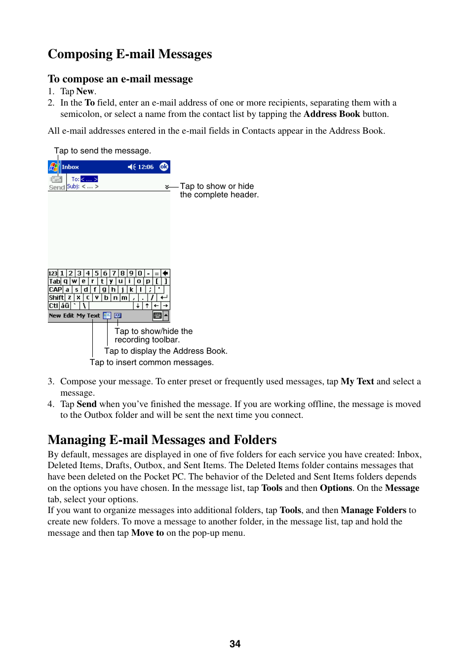 Composing e-mail messages, Managing e-mail messages and folders | Casio E-200 User Manual | Page 34 / 65