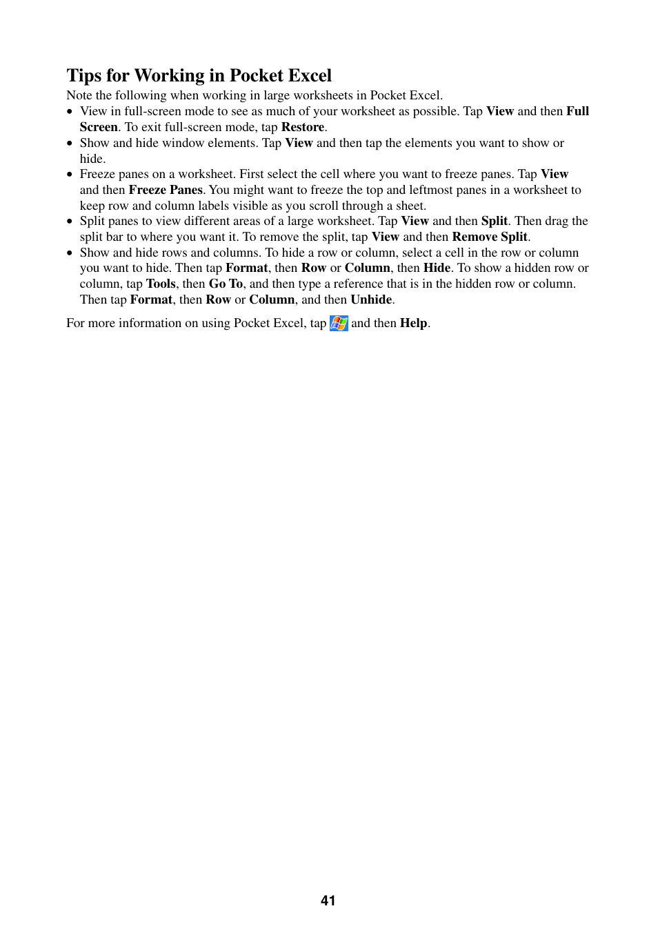 Tips for working in pocket excel | Casio E-200 User Manual | Page 41 / 65