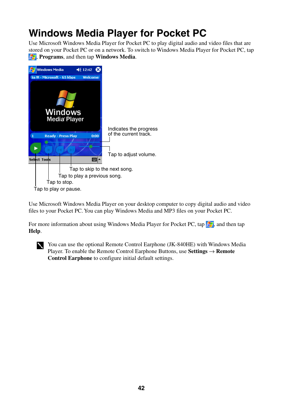 Windows media player for pocket pc | Casio E-200 User Manual | Page 42 / 65