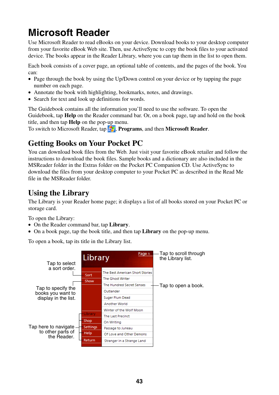 Microsoft reader, Getting books on your pocket pc using the library, Getting books on your pocket pc | Using the library | Casio E-200 User Manual | Page 43 / 65