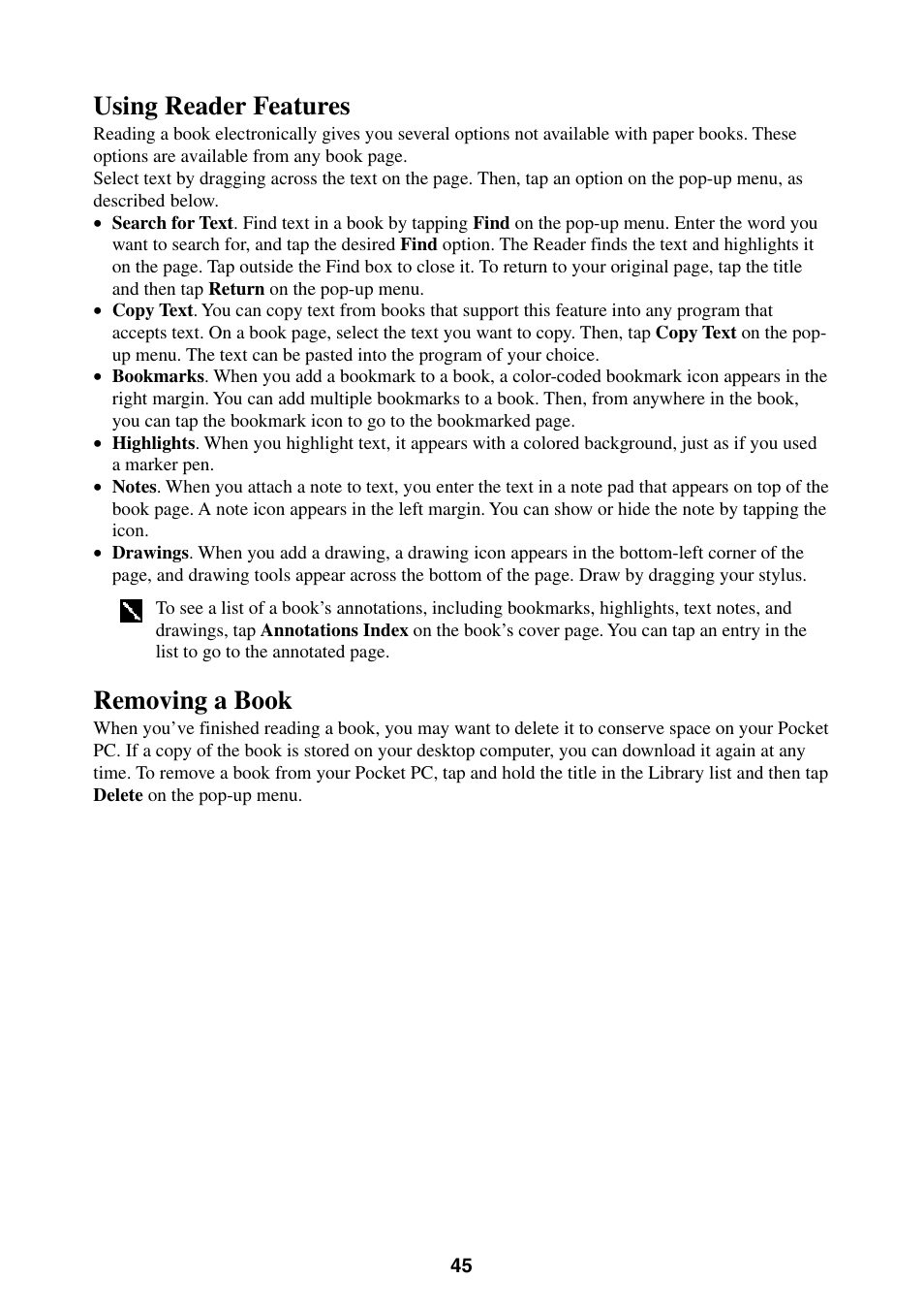 Using reader features removing a book, Using reader features, Removing a book | Casio E-200 User Manual | Page 45 / 65