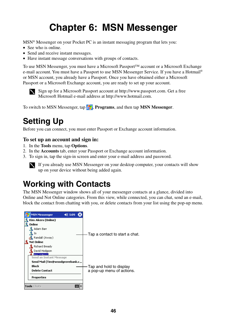 Chapter 6: msn messenger, Setting up, Working with contacts | Setting up working with contacts | Casio E-200 User Manual | Page 46 / 65