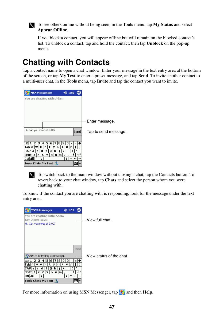 Chatting with contacts | Casio E-200 User Manual | Page 47 / 65