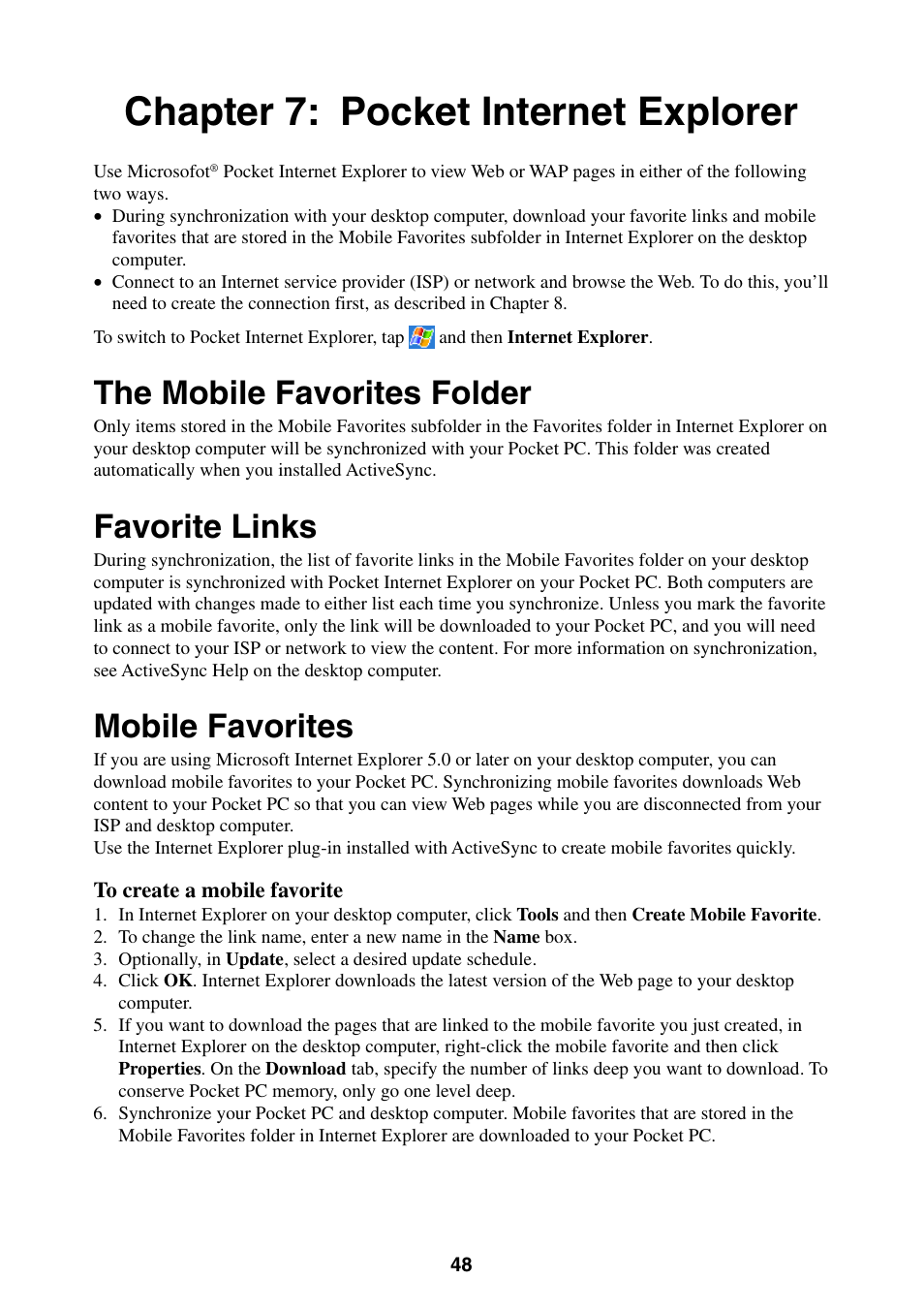 Chapter 7: pocket internet explorer, The mobile favorites folder, Favorite links | Mobile favorites | Casio E-200 User Manual | Page 48 / 65
