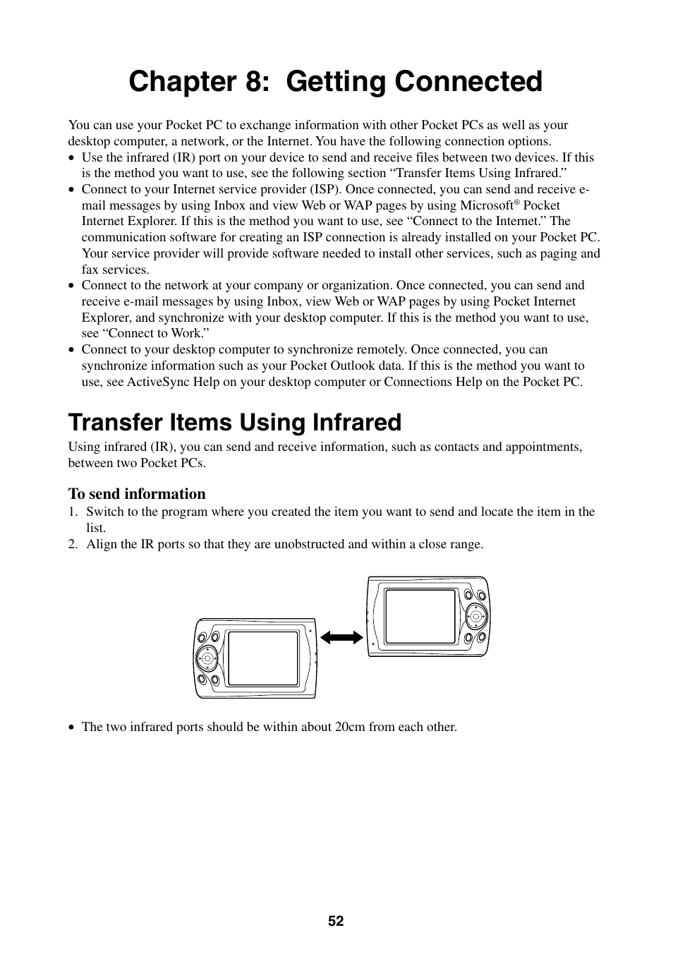 Chapter 8: getting connected, Transfer items using infrared | Casio E-200 User Manual | Page 52 / 65