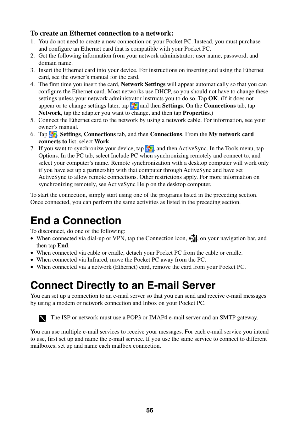 End a connection, Connect directly to an e-mail server | Casio E-200 User Manual | Page 56 / 65