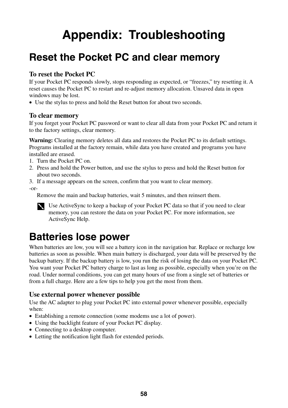 Appendix: troubleshooting, Reset the pocket pc and clear memory, Batteries lose power | Casio E-200 User Manual | Page 58 / 65