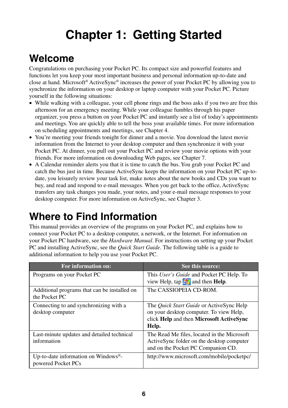 Chapter 1: getting started, Welcome, Where to find information | Welcome where to find information | Casio E-200 User Manual | Page 6 / 65