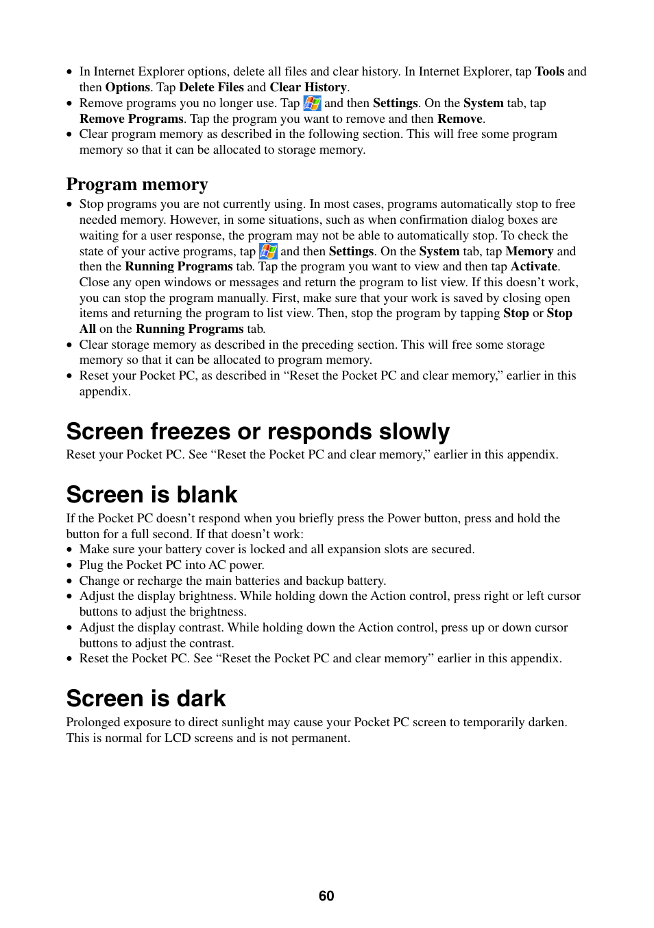 Screen freezes or responds slowly, Screen is blank, Screen is dark | Program memory | Casio E-200 User Manual | Page 60 / 65