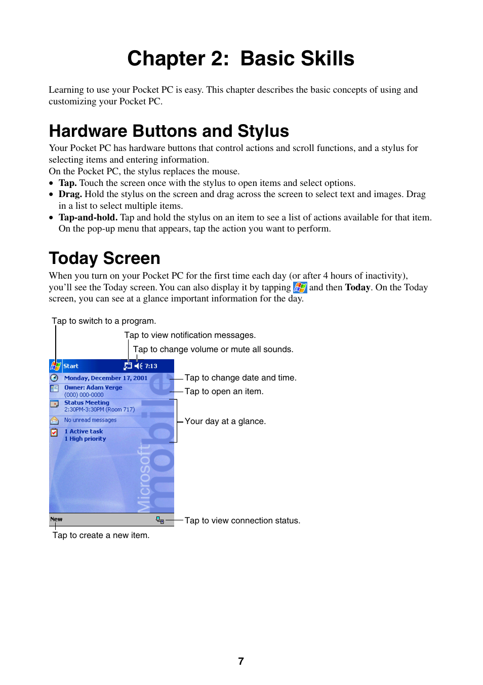 Chapter 2: basic skills, Hardware buttons and stylus, Today screen | Hardware buttons and stylus today screen | Casio E-200 User Manual | Page 7 / 65
