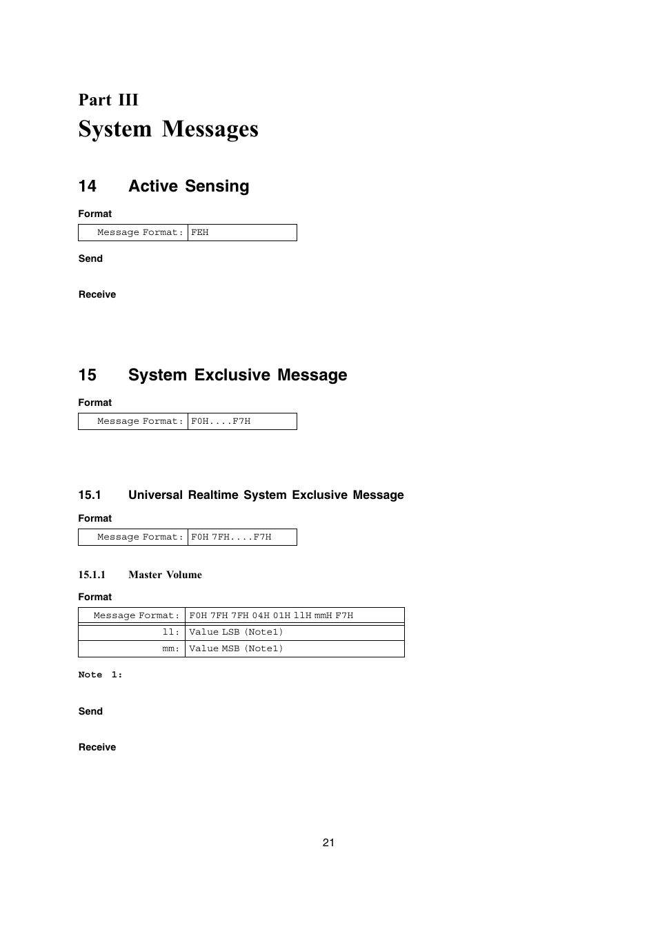 System messages, Part iii, 14 active sensing | 15 system exclusive message | Casio AP-200 User Manual | Page 21 / 45