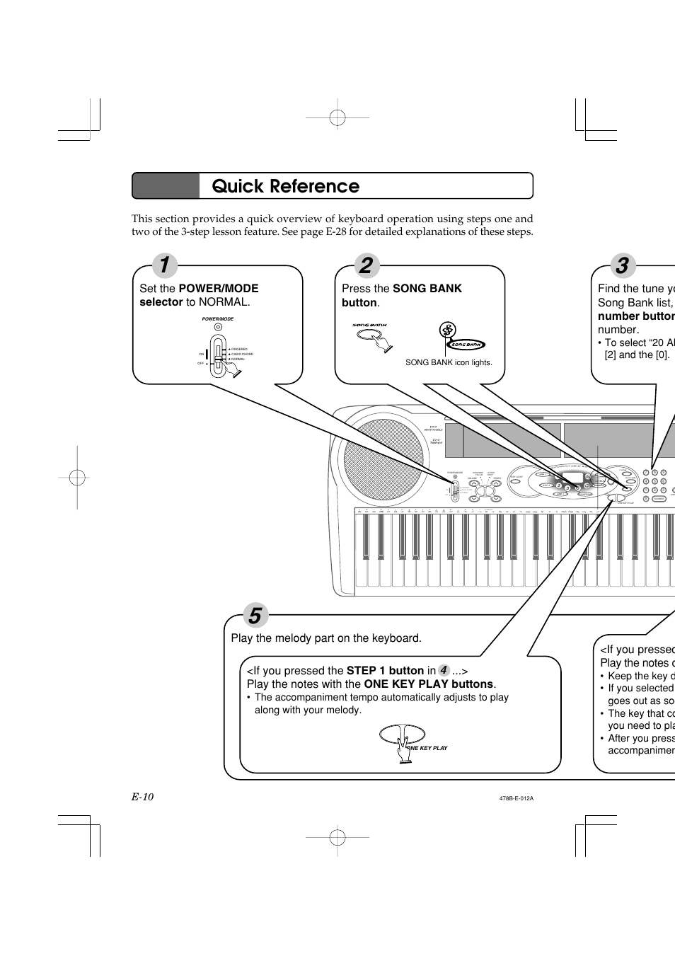 Quick reference, Press the song bank button, E-10 | Casio LK-40 User Manual | Page 12 / 59