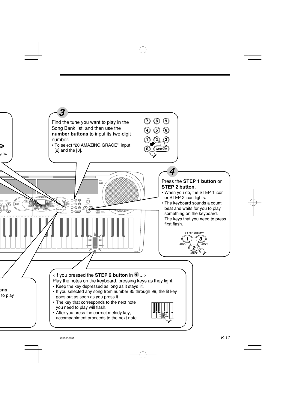 4ons, Press the step 1 button or step 2 button, E-11 | Casio LK-40 User Manual | Page 13 / 59