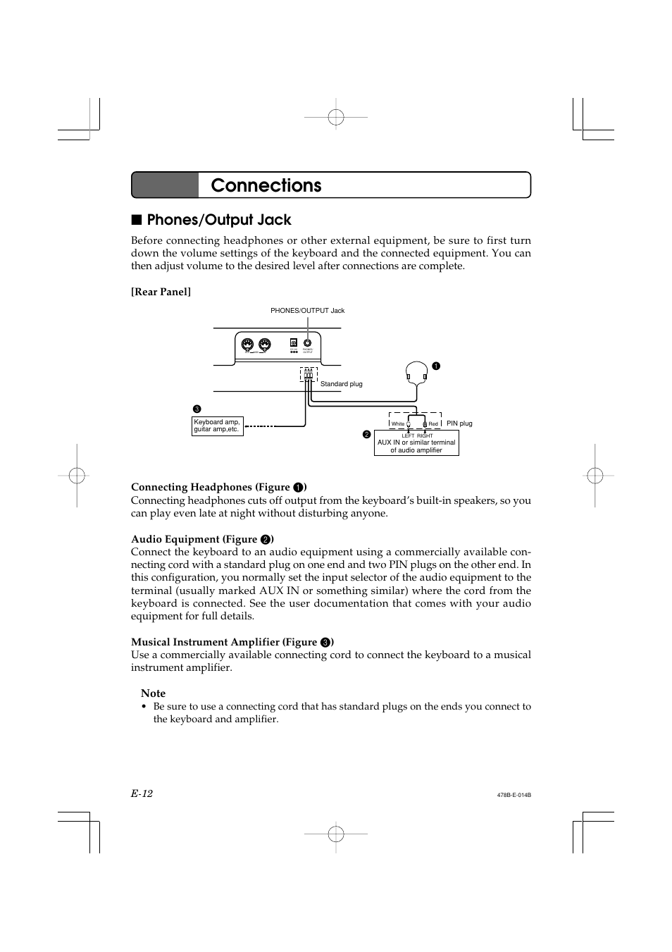 Connections, Phones/output jack, E-12 | Casio LK-40 User Manual | Page 14 / 59