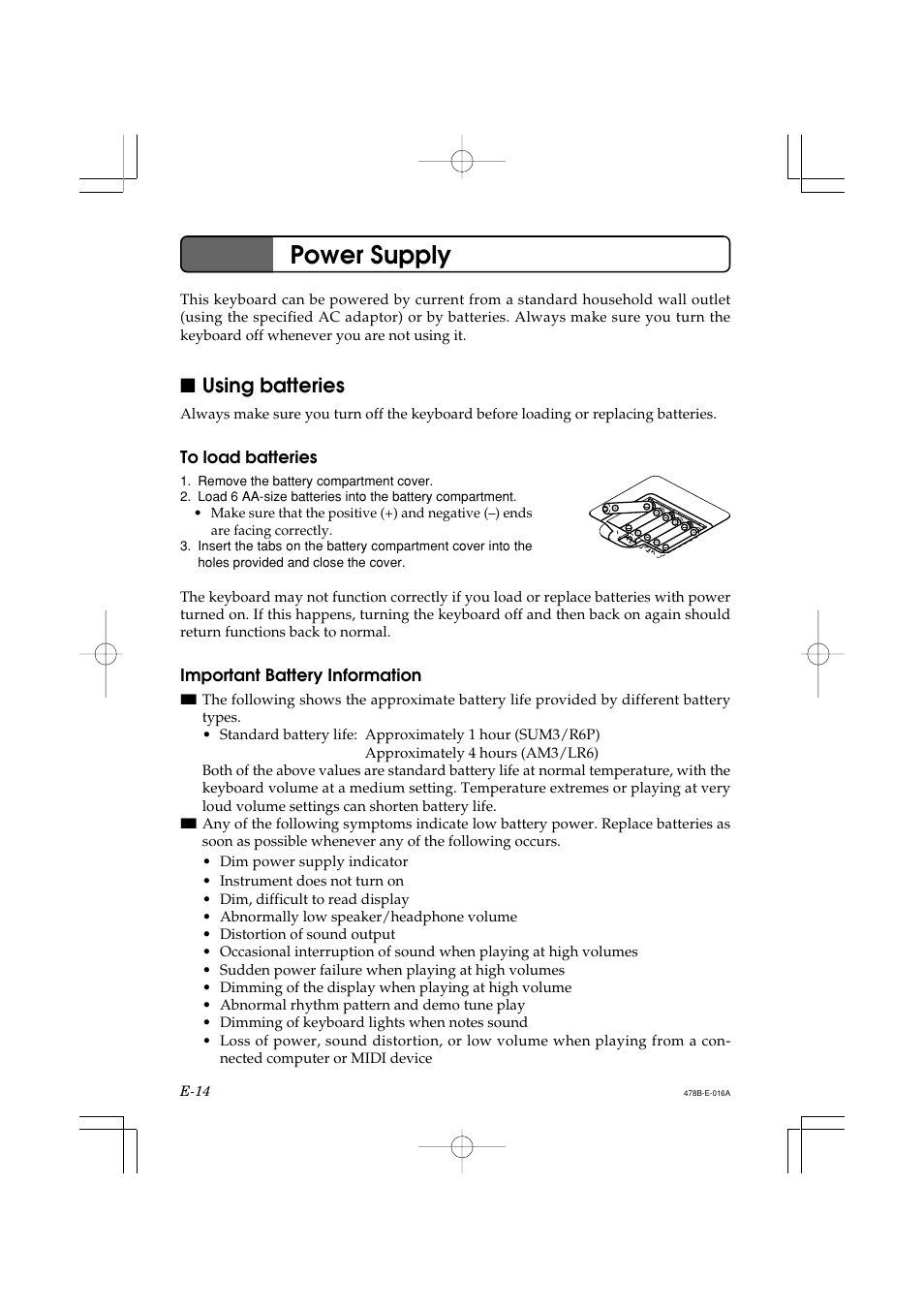 Power supply, Using batteries | Casio LK-40 User Manual | Page 16 / 59