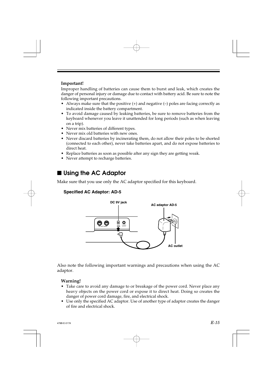 Using the ac adaptor, Important, Warning | Casio LK-40 User Manual | Page 17 / 59