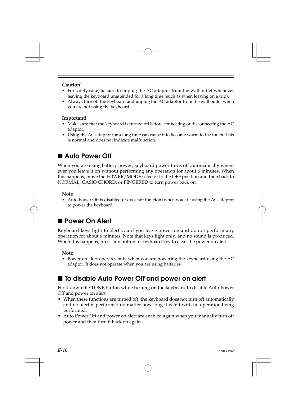Auto power off, Power on alert | Casio LK-40 User Manual | Page 18 / 59