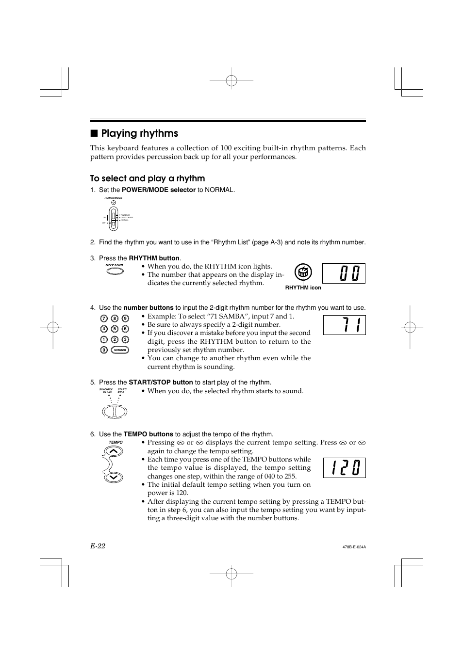 Playing rhythms | Casio LK-40 User Manual | Page 24 / 59