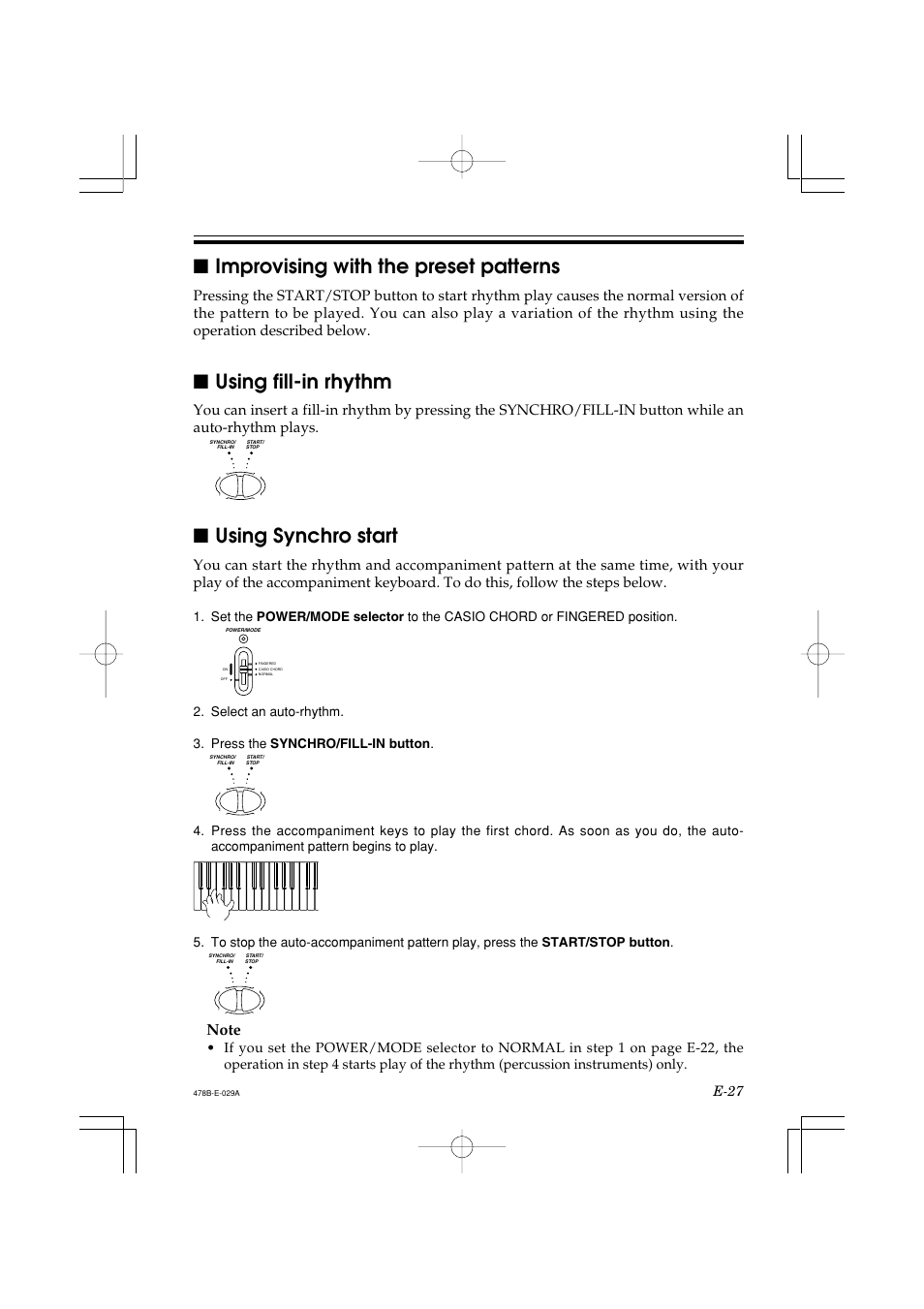 Improvising with the preset patterns, Using fill-in rhythm, Using synchro start | E-27 | Casio LK-40 User Manual | Page 29 / 59