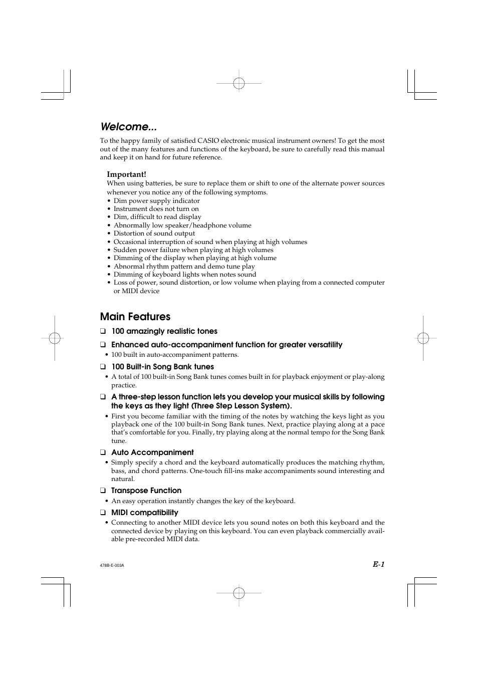 Welcome, Main features | Casio LK-40 User Manual | Page 3 / 59