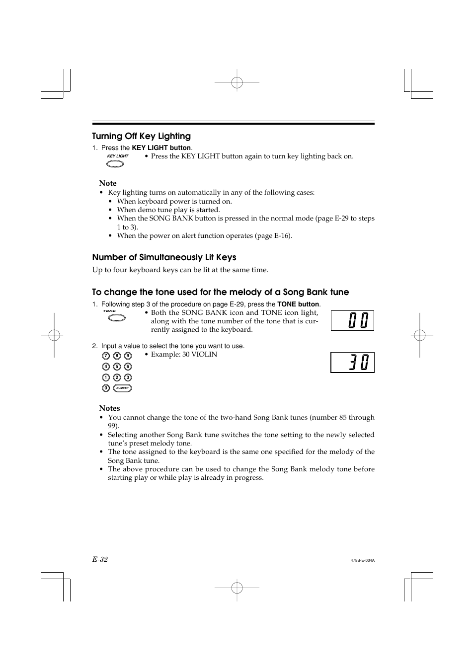 Turning off key lighting, Number of simultaneously lit keys | Casio LK-40 User Manual | Page 34 / 59
