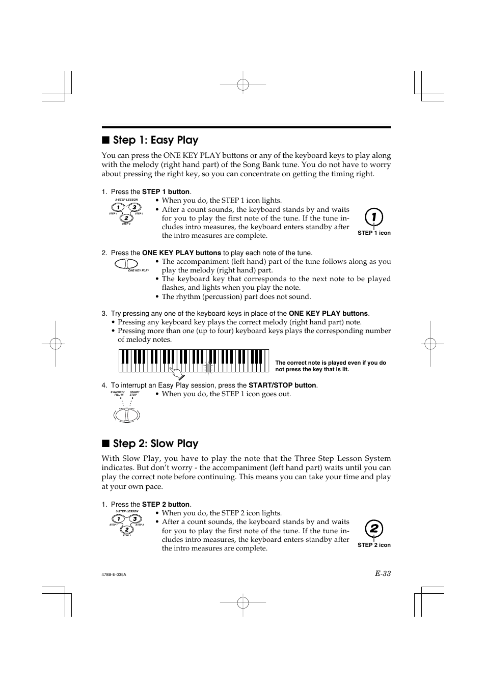 Step 1: easy play, Step 2: slow play | Casio LK-40 User Manual | Page 35 / 59
