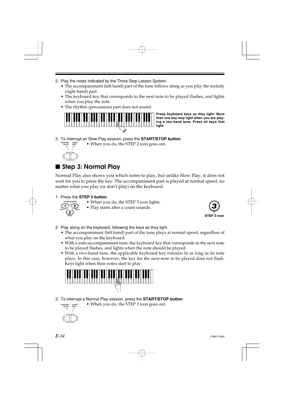 Step 3: normal play | Casio LK-40 User Manual | Page 36 / 59
