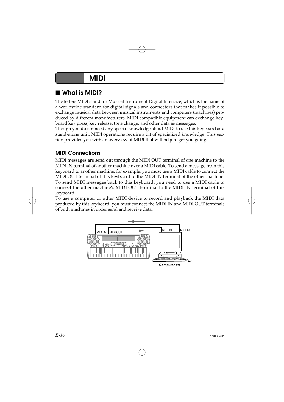 Midi, What is midi, Midi connections | Casio LK-40 User Manual | Page 38 / 59