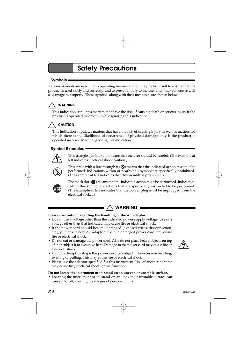 Safety precautions, Warning | Casio LK-40 User Manual | Page 4 / 59