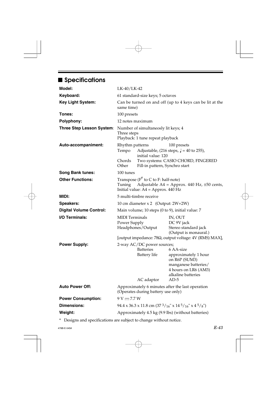 Specifications | Casio LK-40 User Manual | Page 45 / 59