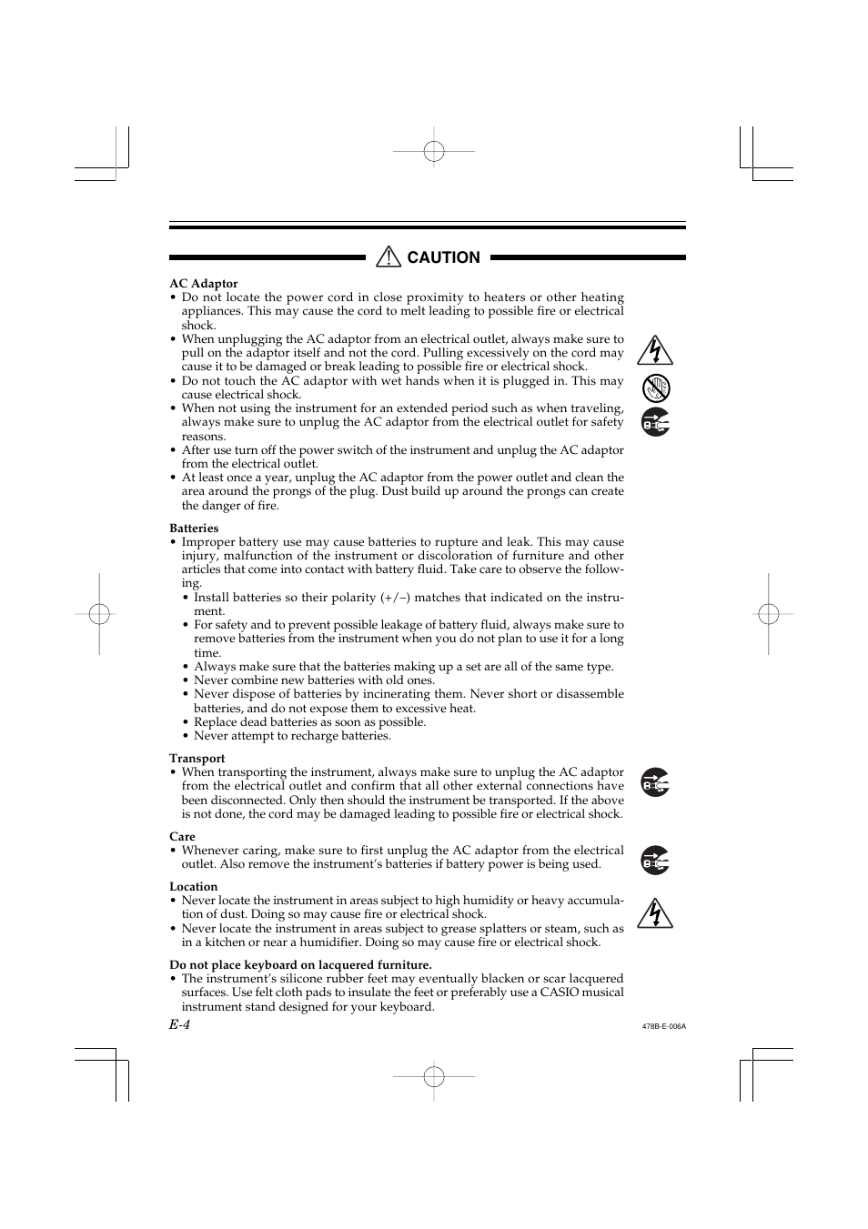 Caution | Casio LK-40 User Manual | Page 6 / 59