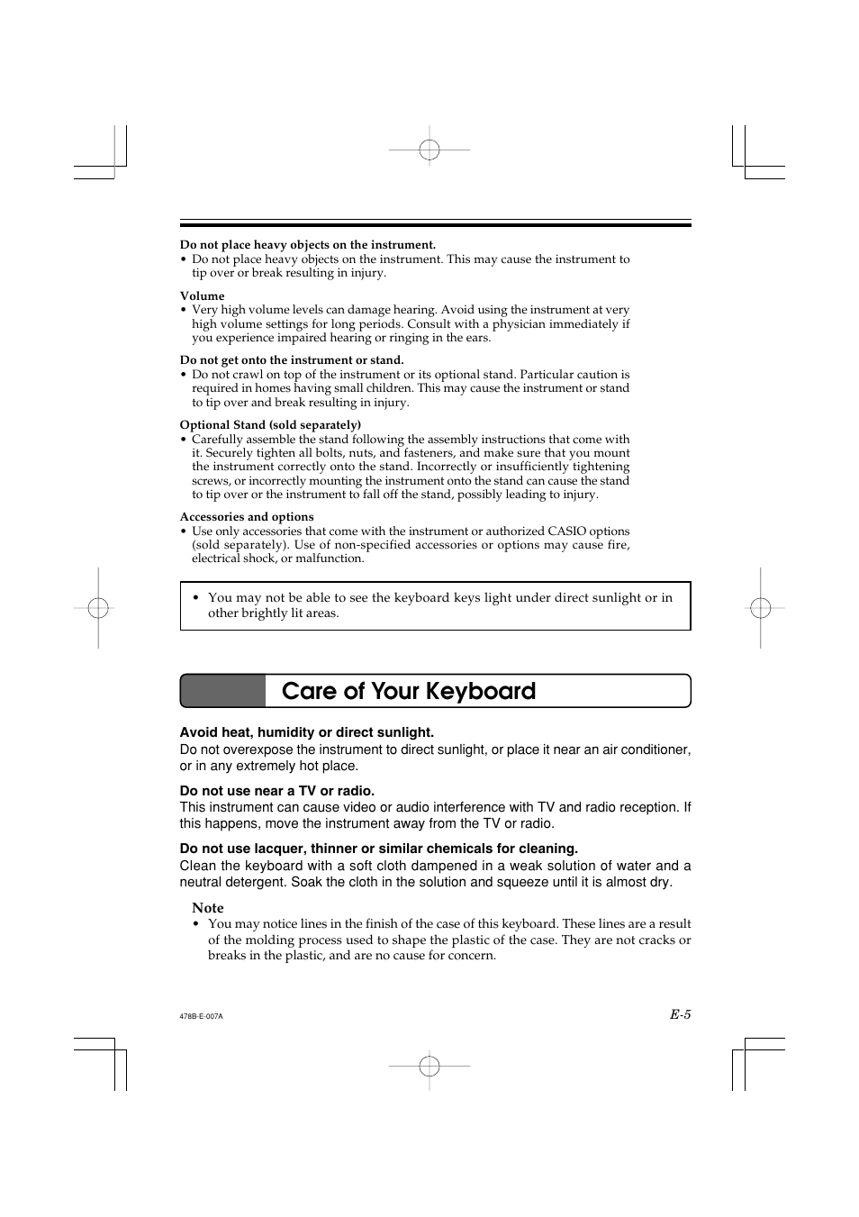 Care of your keyboard | Casio LK-40 User Manual | Page 7 / 59