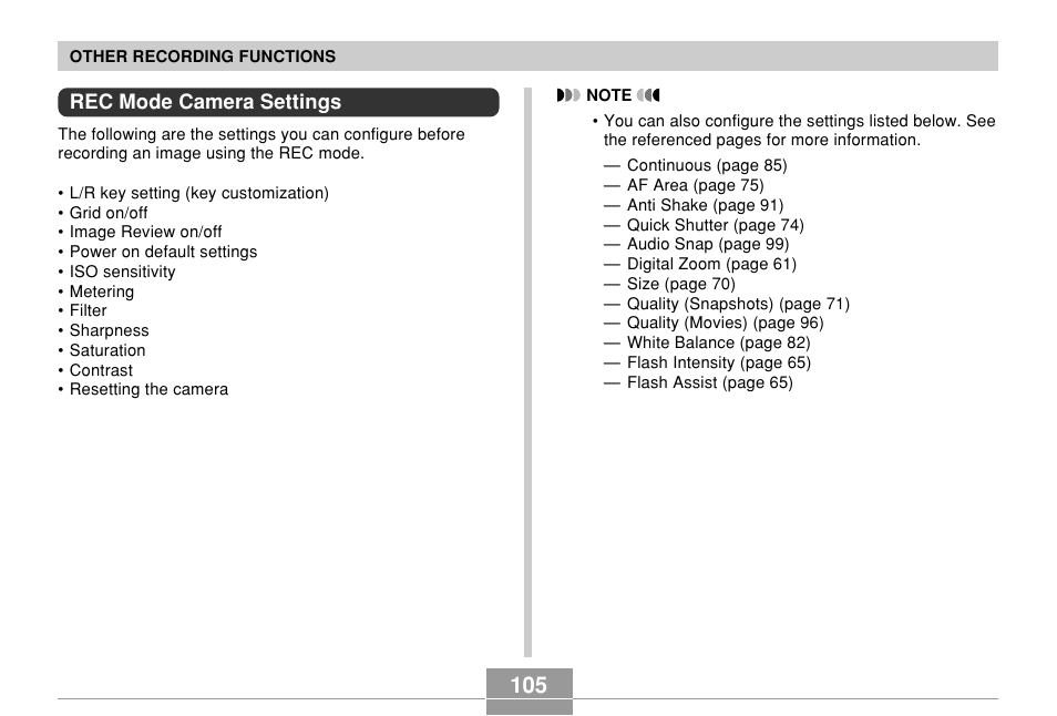 Rec mode camera settings | Casio EX-Z500 User Manual | Page 105 / 227