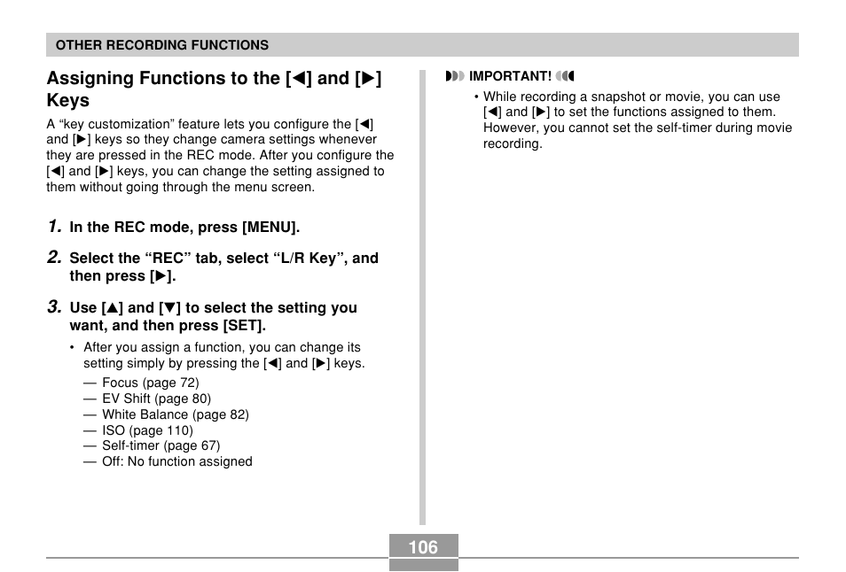 Assigning functions to the [<] and [>] keys, Assigning functions to the [ ̇ ] and [ ̈ ] keys | Casio EX-Z500 User Manual | Page 106 / 227