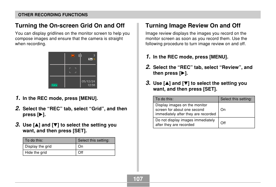 Turning the on-screen grid on and off, Turning image review on and off | Casio EX-Z500 User Manual | Page 107 / 227